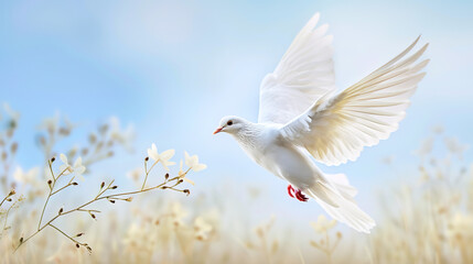 White dove flying over a tranquil battlefield with scattered olive branches, symbolizing peace and the resolution of conflict, representing harmony and hope after war.