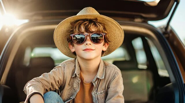 Cool boy in a straw hat and sunglasses sits confidently in a car during a sunny day outdoors