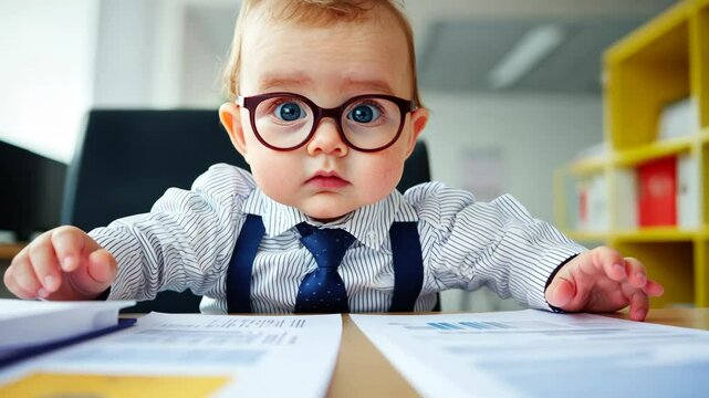 Baby dressed as a businessman examines paperwork in an office environment during daylight hours
