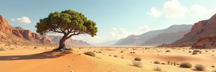 A solitary tree in a vast desert landscape with sandy dunes and rocky terrain, desert,