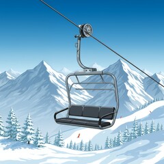 Empty Ski Lift Chairlift with Snowy Mountain View