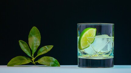 Refreshing Gin   Tonic Cocktail with Lime  Ice  and Leaves