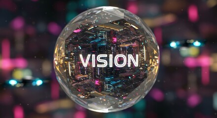 Fototapeta premium Futuristic vision, crystal ball reflecting a cityscape and flying vehicles, future concept