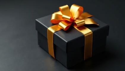 Obraz premium Gold ribbon tied around a black gift box with a bow on top, fancy wrapping, gift wrap, present