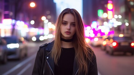 Obraz premium City Girl Nighttime Street Portrait