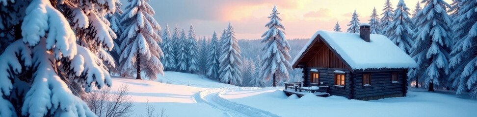 Snow-covered trees with a wooden cabin in the background, cabin, winter, snowy