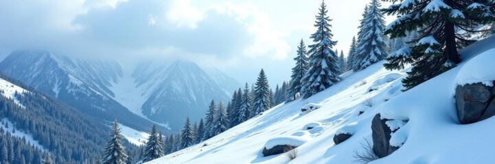 Snowfall on a mountain slope with pine trees and rocks, evergreen, cold climate