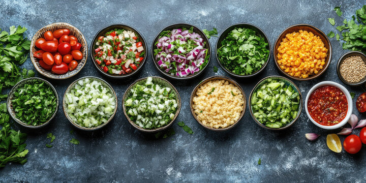 Overhead view of various chopped vegetables and herbs (tomatoes, onion, parsley, etc.) in bowls, arranged horizontally on a dark background. Excellent for recipe blogs, meal prep, healthy cooking