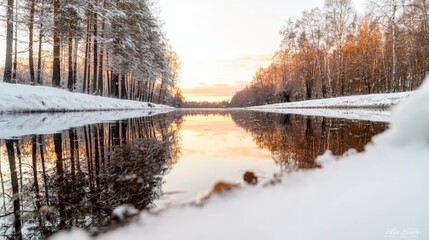 Serene Winter River at Sunrise  Snow  Trees  Reflection