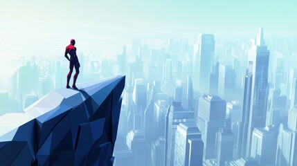 Futuristic heroic stand urban landscape digital art high-tech city elevated view lowpolygon concept