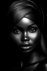 Woman with a black head scarf is the main subject of the image. The scarf is draped over her head and neck, and it is the focus of the photo