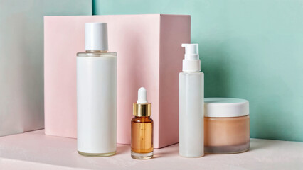 Bottles and dropper on a pastel colors minimal set