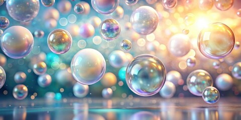 Naklejka premium Iridescent orbs float on a shimmering surface, creating an ethereal and dreamy atmosphere