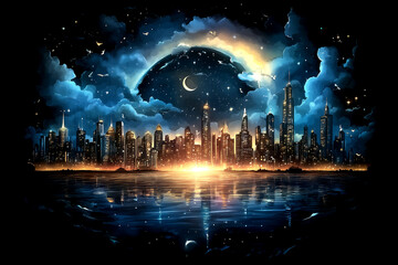 Obraz premium City skyline is reflected in the water, with a large moon in the sky. Scene is serene and peaceful, as the city and water seem to be in harmony with each other