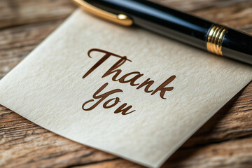 Thank You note on wooden table with pen