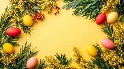 Top view of vibrant easter eggs and fresh mimosa flowers arranged on a bright yellow background with copy space, festive spring holiday decoration concept.


