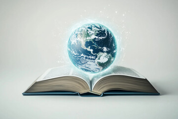 Open book with glowing Earth above it