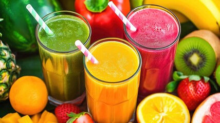 Fototapeta premium fresh fruit smoothies with straws surrounded by various fruits