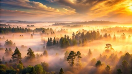 Golden Sunrise Illuminates Misty Forest Landscape with Sunbeams Piercing Through the Canopy
