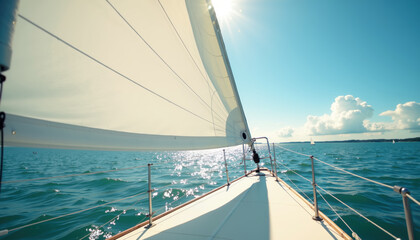 Obraz premium A serene sailing experience with the sun shining, white sails billowing, and calm blue waters.