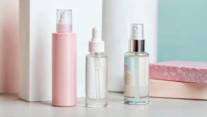 Skin care bottles on minimal pastel colors set