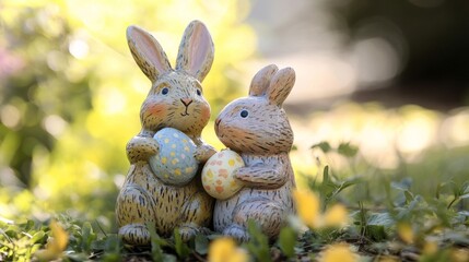 Colorful easter decorations with pastel eggs, spring flowers, and festive ornaments arranged on a wooden table for seasonal celebration.


