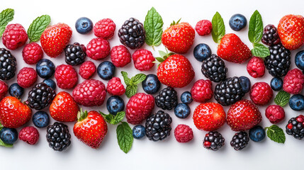 Fototapeta premium A colorful assortment of fresh berries with mint leaves, ideal for food blogs, healthy recipes, or summer themes.
