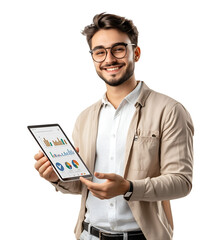 Young digital marketing specialist standing holding a tablet displaying social media statistics on transparent background. Ai Generate