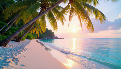 Fototapeta premium A serene tropical beach at sunset with palm trees, white sand, and calm turquoise waters.