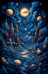 Painting of a blue sky with a large yellow moon and many stars. The painting is of a fantasy world with many trees and mountains