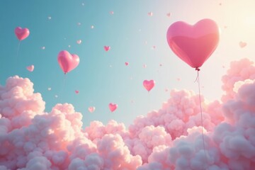 Pastel-colored hearts drifting in the air with balloons amidst cloudy skies, romantic, soft
