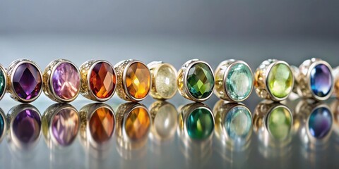 A vibrant collection of gemstone jewelry featuring diverse colors and reflective surfaces