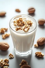White background yogurt in a long glass cup, Generative AI	