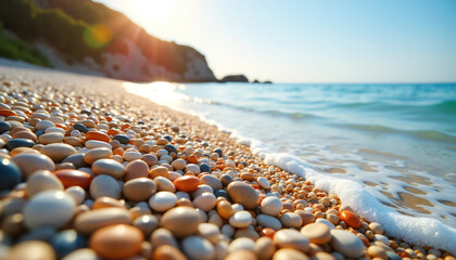 Obraz premium A tranquil pebbled beach bathed in the golden light of sunset, with gentle waves lapping against the shore.