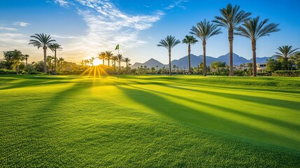 Sunrise golf course with palm trees and shadows