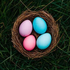 Obraz premium Easter Holiday, Easter Concept, Pastel Easter Eggs in Bird Nest on Grass Spring Holiday Concept