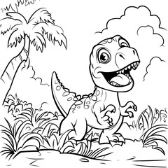 Obraz premium kids Coloring book Page Outline Of a cute cartoon tyrannosaurus, children Digital illustration.
