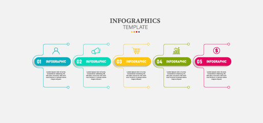 Concept of arrow business model with 5 successive steps. Timeline design for brochure, presentation.