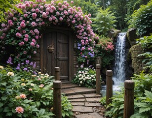 Fototapeta premium Garden Haven Doorway. Lush Hydrangeas Arch, Stone Path Invite Tranquility. Waterfall Whispers Near Ferns And Flowers... A Serene Oasis Awaits, Sunlight Dappling The Scene.