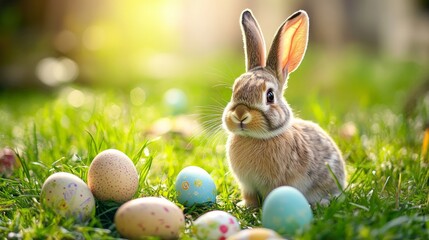 Funny easter bunny on green grass with colorful easter eggs in spring garden &ndash; festive holiday background with cute rabbit and vibrant decorations


