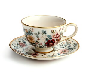 A delicate porcelain teacup with hand-painted floral patterns and a gold-rimmed edge on a matching saucer