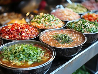 Obraz premium Variety of Colorful Asian Food Ingredients Served in Metal Bowls