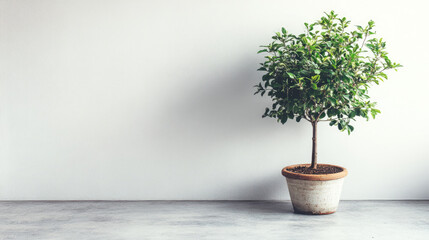 Potted plant against a white wall, minimalist decor. Ideal for home decor blogs, plant care websites, interior design articles, minimalist aesthetic layouts, and natural living themes.