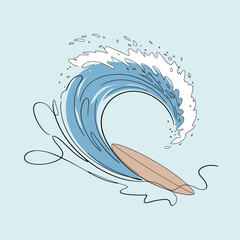 Ocean Wave and Surfboard Line Art Design
