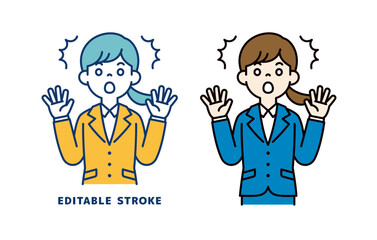 両手を広げて驚く、若い女性会社員のベクターイラスト素材＿線幅の編集可能