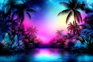 Tropical scene with a blue and purple sky and a body of water. The water is surrounded by palm trees and the sky is filled with stars