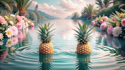 Fototapeta premium Serene tropical paradise with two pineapples gently floating on tranquil turquoise water, surrounded by vibrant blossoms and lush greenery.