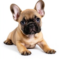 A single, detailed French bulldog puppy, on a pure white background, highlighting its natural imperfections with professional studio lighting, capturing its adorable wrinkles and expressive eyes.