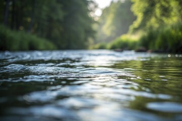 A minimalist abstract rendering of a sustainable river ecosystem, with flowing water, digital reflections, and gentle natural light