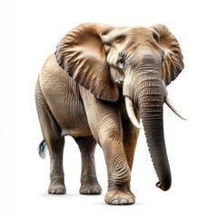 Fototapeta premium A single, detailed standing Asian elephant, on a pure white background, highlighting its impressive posture with professional studio lighting, ideal for logo designs.